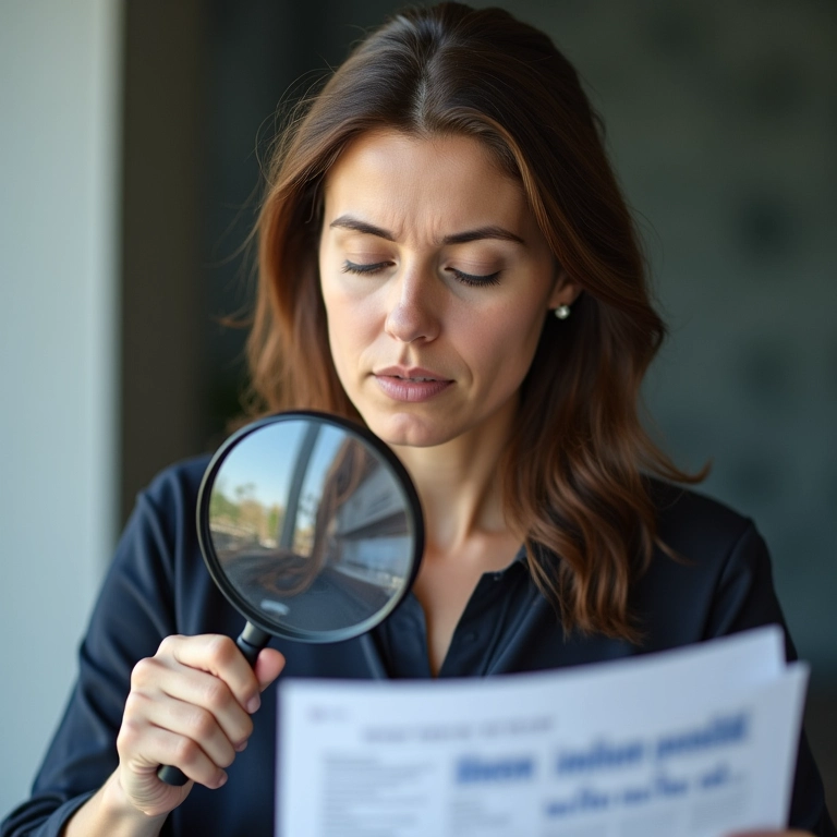 Mulher estudando relatórios financeiros de empresas com uma lupa.
