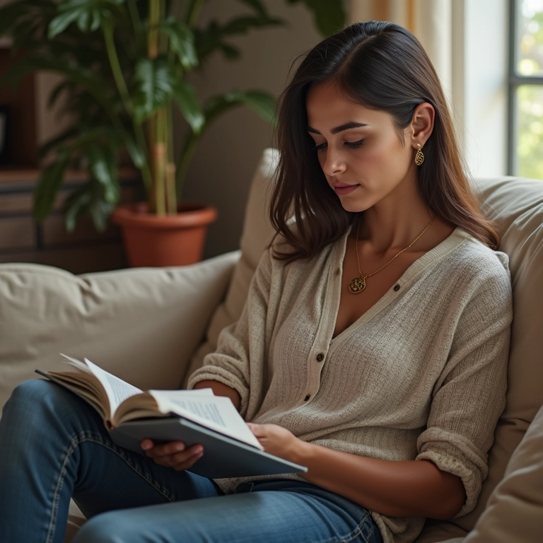 Mulher estudando sobre finanças em casa, buscando educação financeira.
