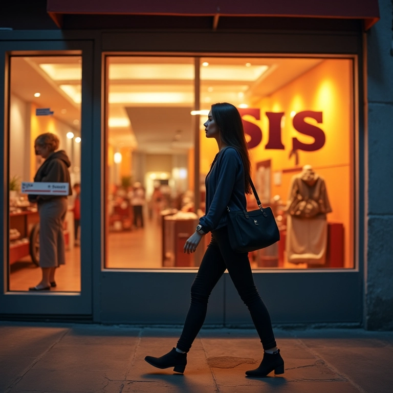 Mulher evitando vitrine com promoções.