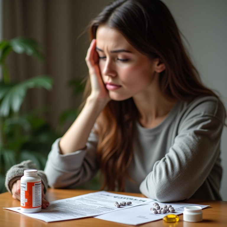 Mulher examinando pílulas de suplemento com folheto informativo.