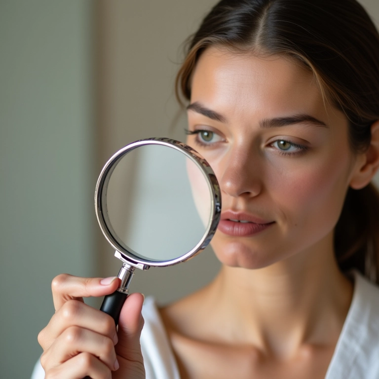 Mulher examinando rótulo de produto skincare com lupa.