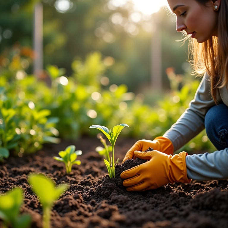 Mulher examinando tipos de solo em seu jardim ensolarado.