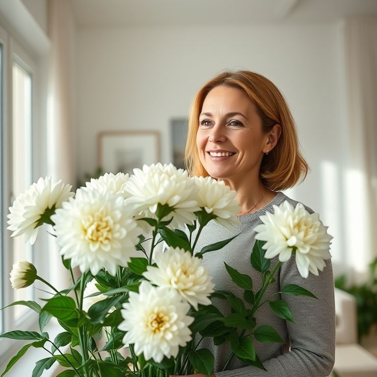 Mulher exibindo crisântemos brancos em casa moderna.