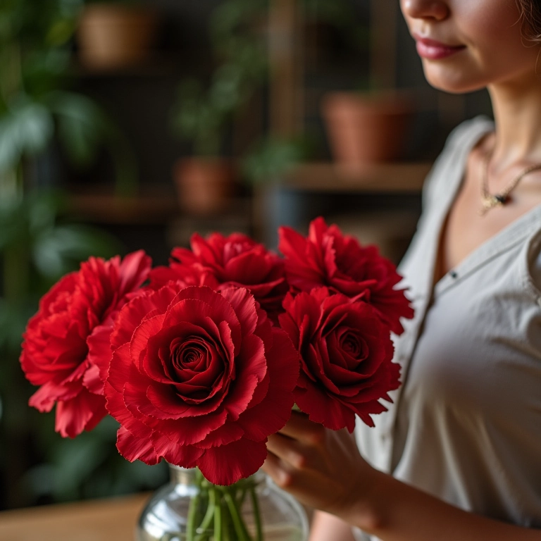 Mulher expressando sentimentos ao arrumar cravos vermelhos.