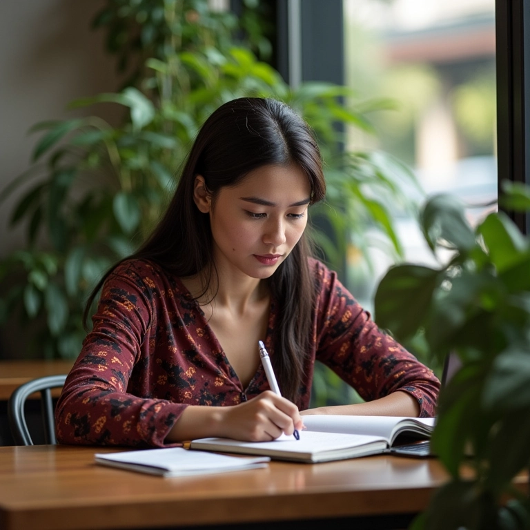 Mulher fazendo brainstorm sozinha em café brasileiro aconchegante.