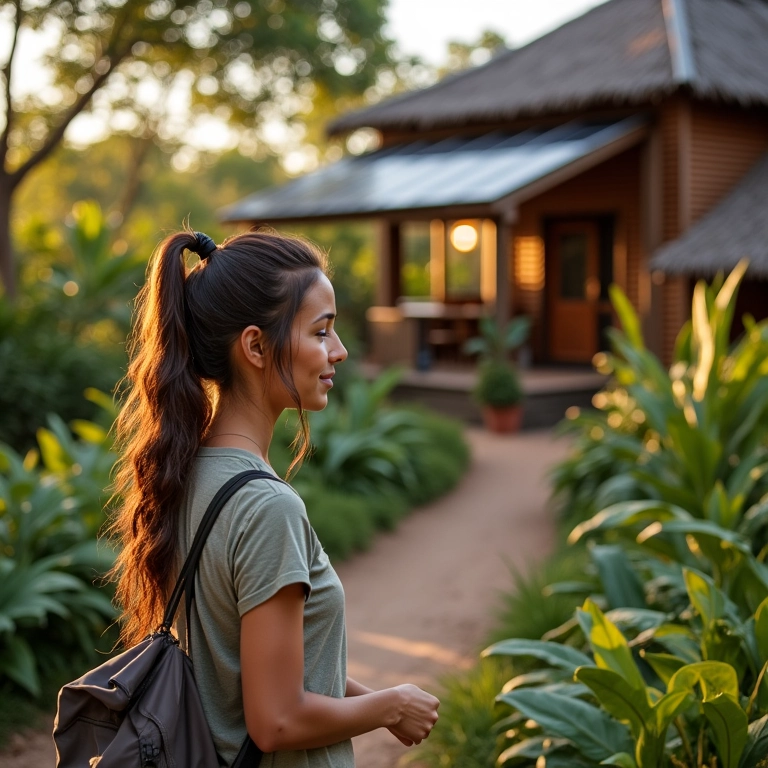 Mulher fazendo check-in em uma hospedagem ecologicamente correta no Brasil.