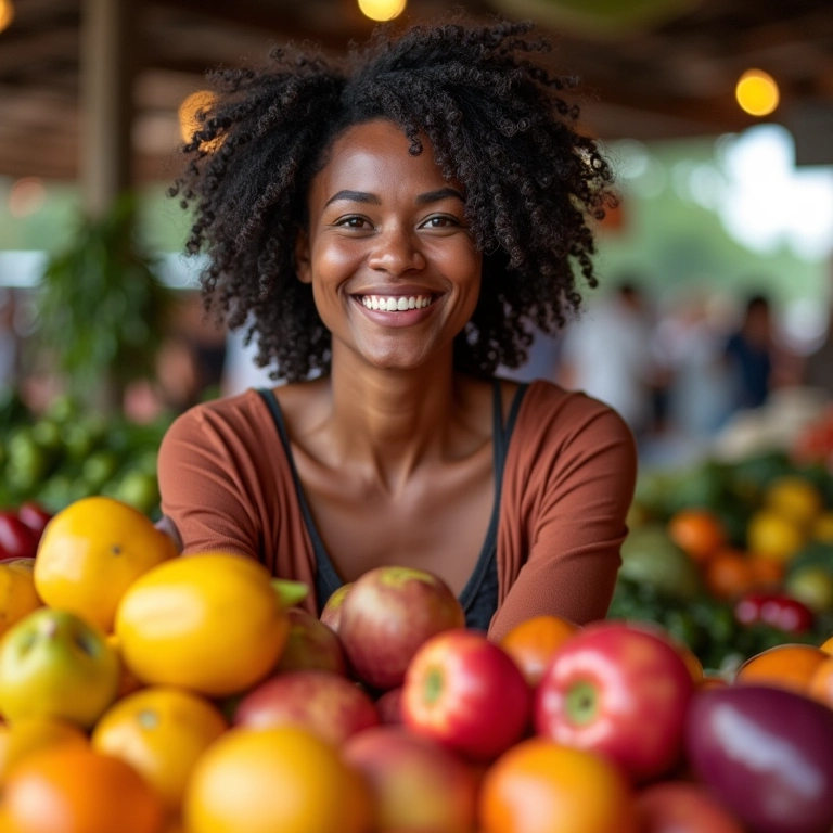 Mulher fazendo compras impulsivas em uma feira.