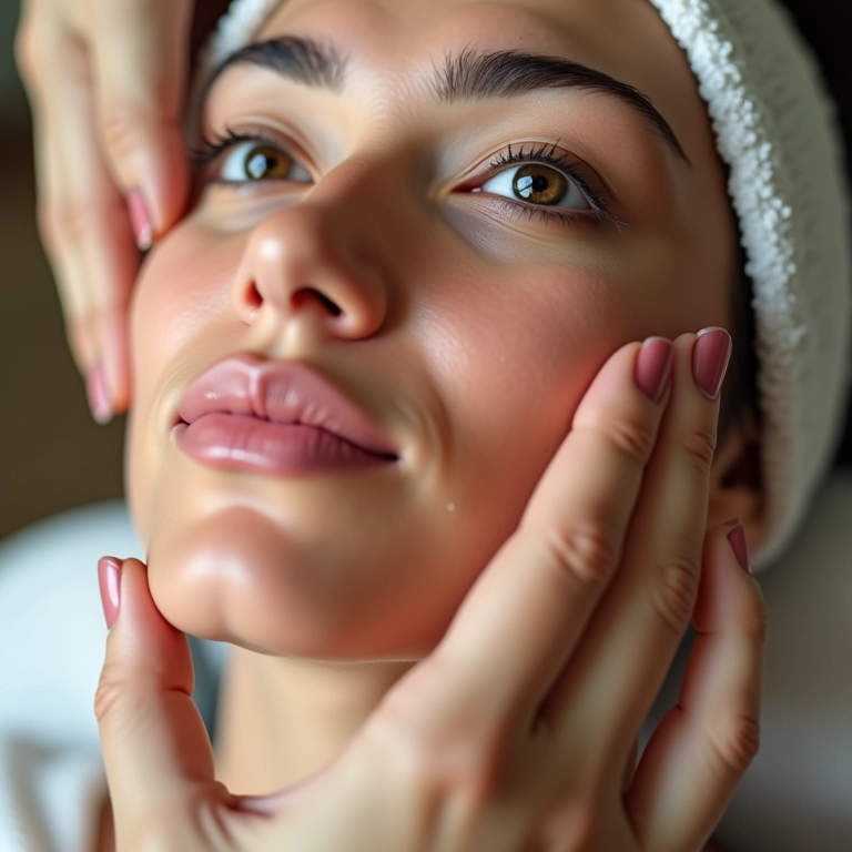 Mulher fazendo massagem Gua Sha no rosto, comparativo antes e depois.