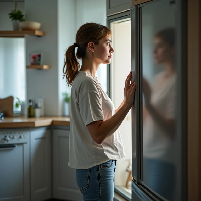 Mulher fechando a porta da geladeira em cozinha moderna.