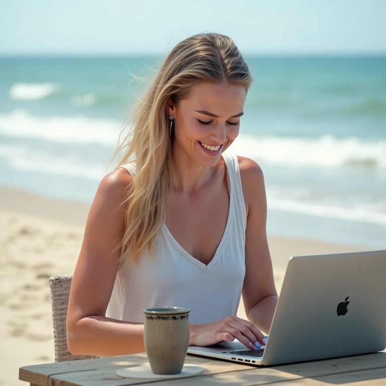 Mulher flexível trabalhando remotamente na praia com laptop e celular.