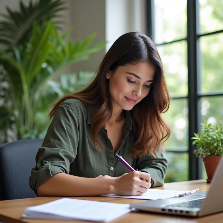 Mulher focada no trabalho, otimizando a produtividade.