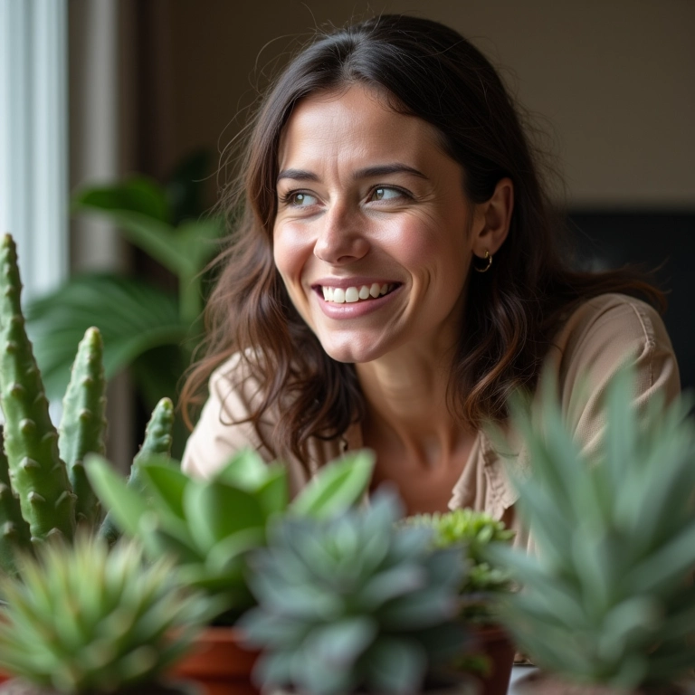 Mulher fotografando suculentas de um ângulo baixo.