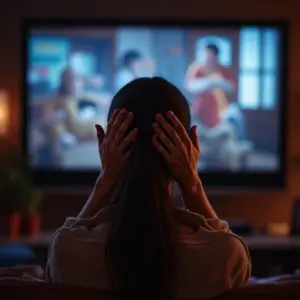Mulher frustrada cobrindo os olhos para evitar spoiler de filme.