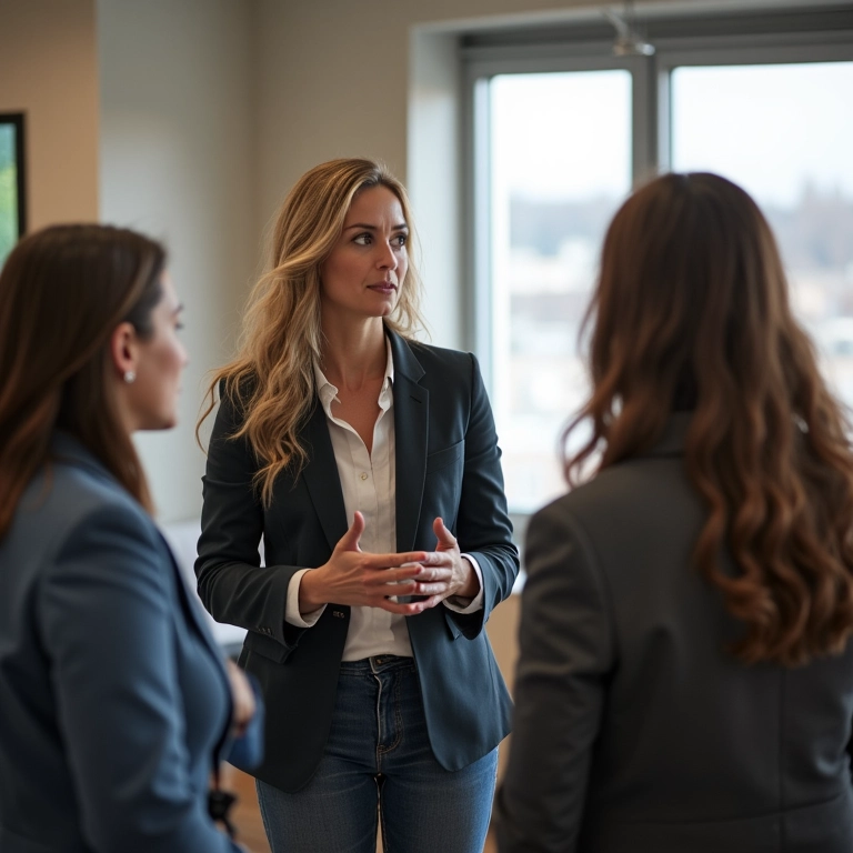 Mulher gerenciando equipe de construção de stand, representando MEI com funcionários.