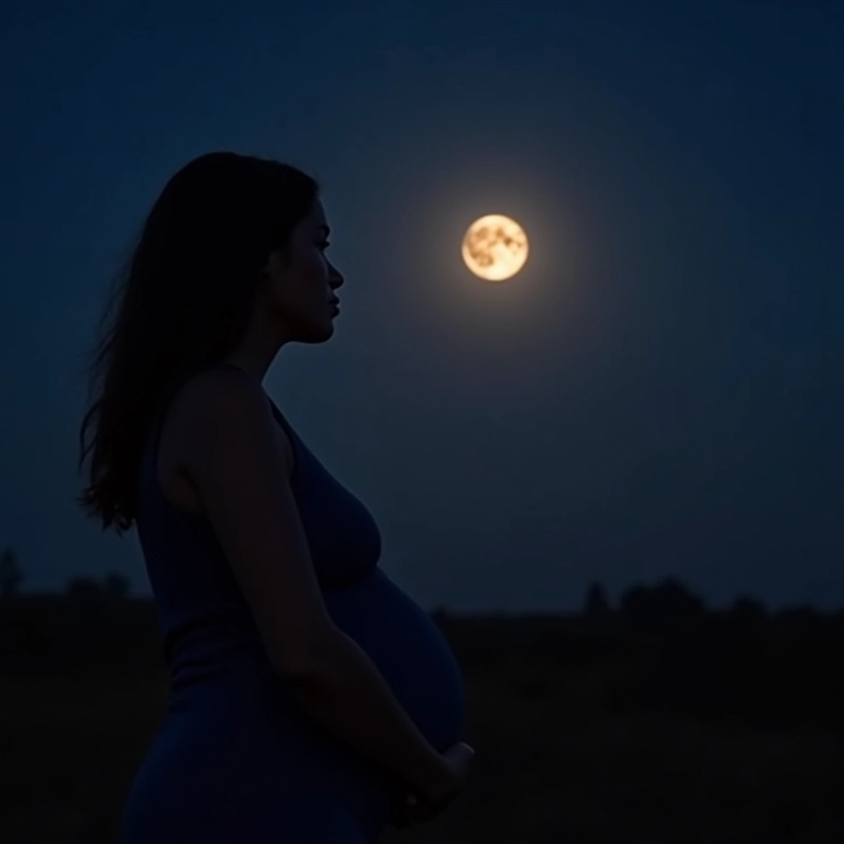Mulher grávida observando o céu noturno durante um eclipse lunar.