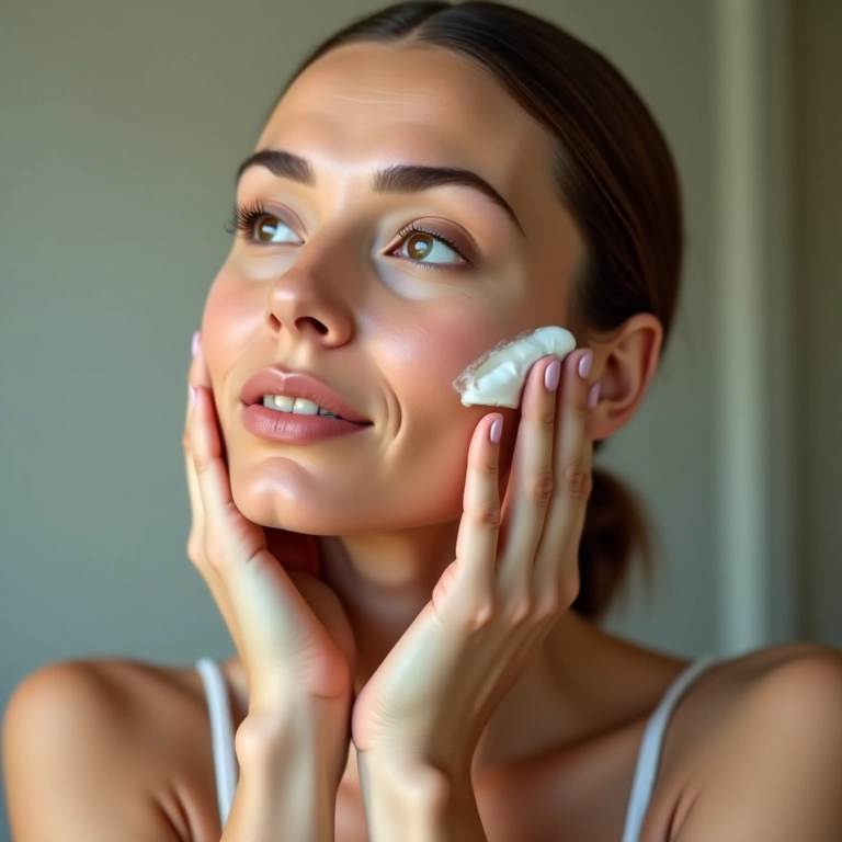 Mulher hidratando a pele do rosto.