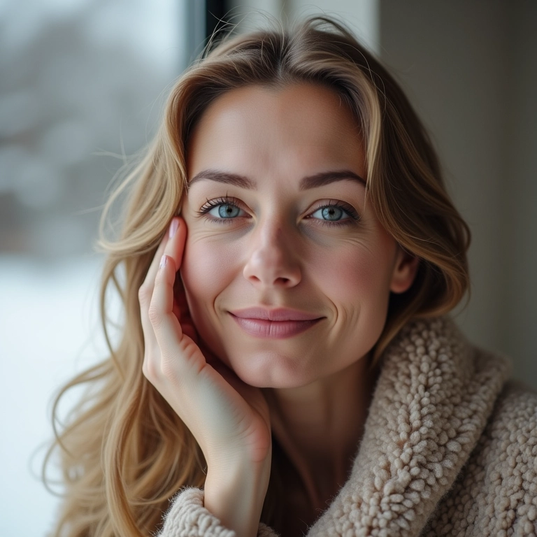 Mulher hidratando o rosto com creme em um dia frio de inverno.