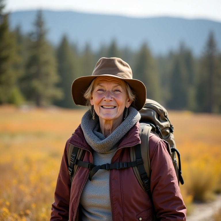 Mulher idosa aproveitando a natureza preservada em Yellowstone.