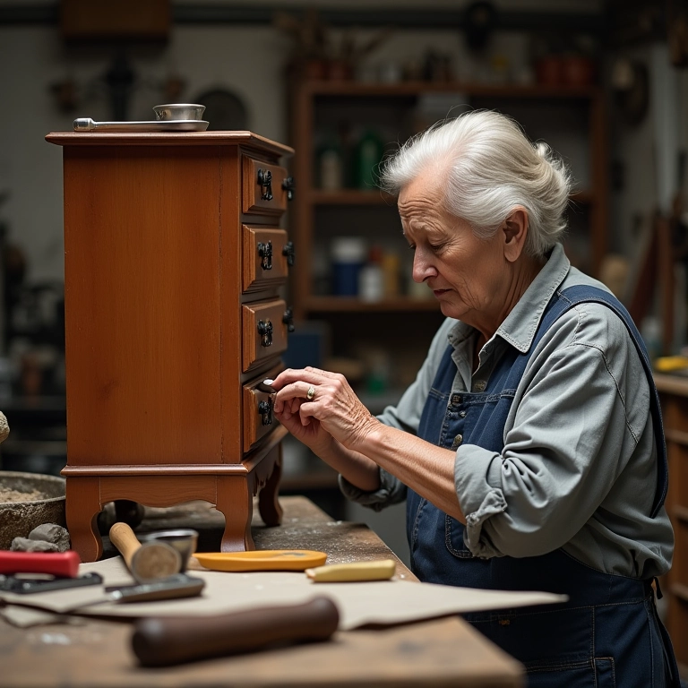 Mulher idosa dando nova camada de verniz em móvel antigo de madeira.
