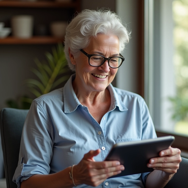 Mulher idosa sorrindo ao analisar opções de previdência privada.