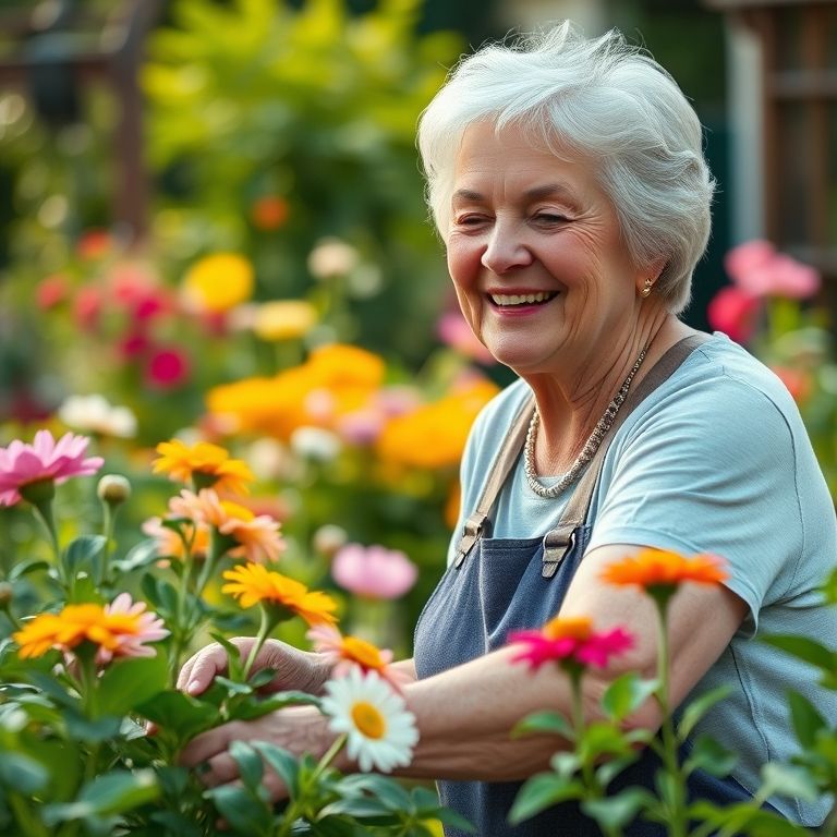 Mulher idosa sorrindo enquanto cuida de flores em seu jardim, irradiando alegria e autoestima.