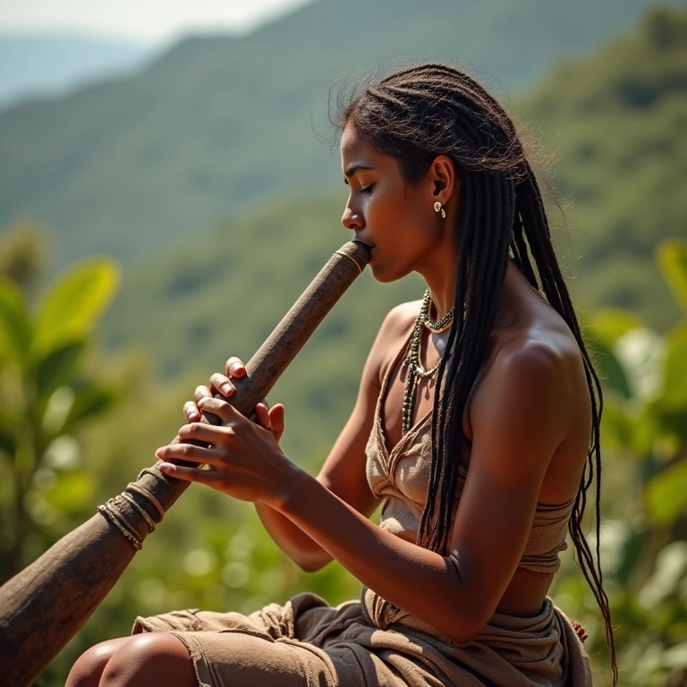 Mulher indígena criando flauta ancestral.
