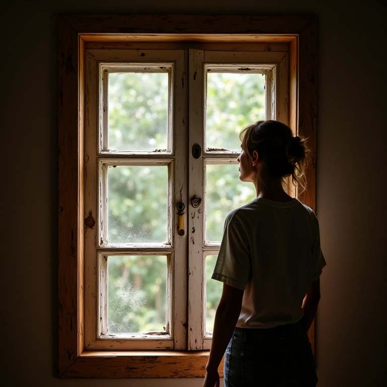 Mulher inspeciona janela de madeira danificada para identificar problemas.