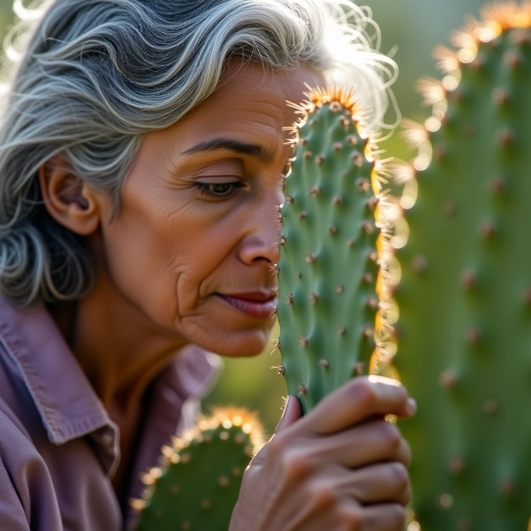 Mulher inspecionando cacto em busca de pragas, garantindo a saúde da planta.