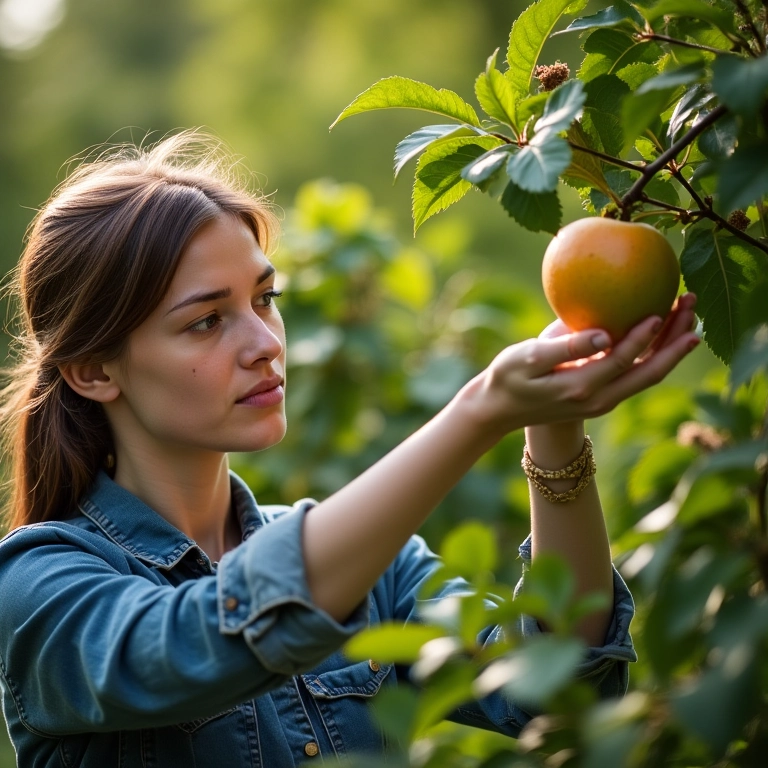 Mulher inspecionando enxerto de árvore frutífera na primavera.