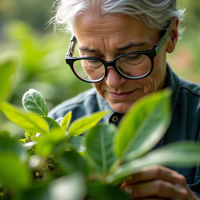Mulher inspecionando folhas de plantas em busca de pragas.