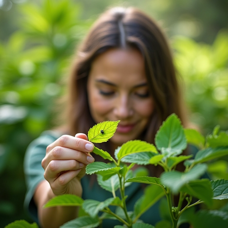 Mulher inspecionando folhas de plantas em busca de pulgões.