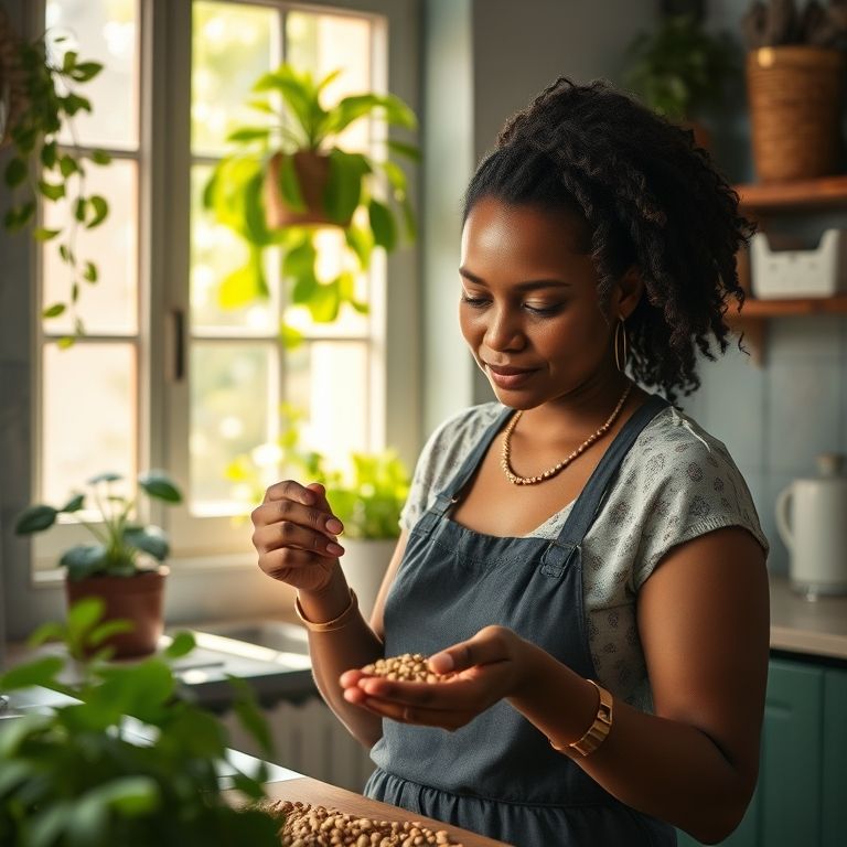 Mulher inspecionando sementes em cozinha brasileira.