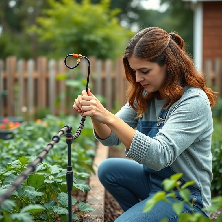 Mulher instalando um sistema de gotejamento caseiro no jardim.