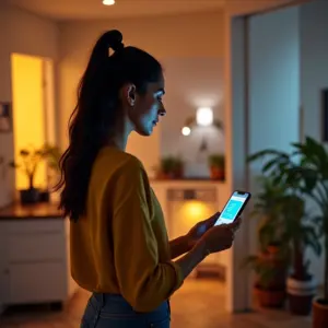 Mulher interagindo com central de casa inteligente, controlando dispositivos IoT, decoração vibrante.