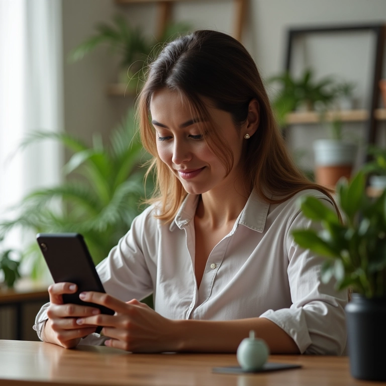 Mulher investindo no Tesouro Selic pelo celular com confiança.