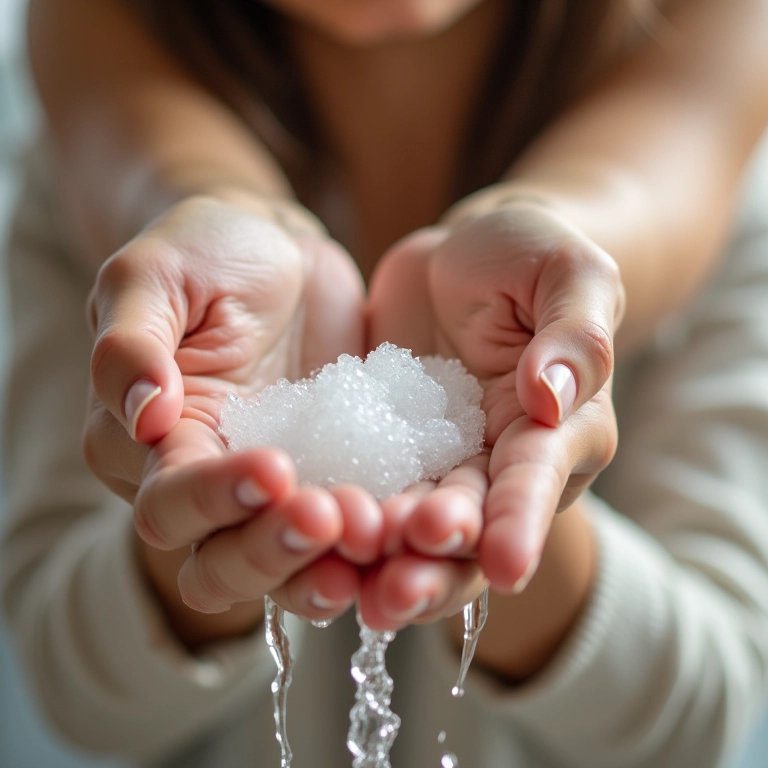 Mulher lavando as mãos suavemente com sabonete neutro para evitar o ressecamento.