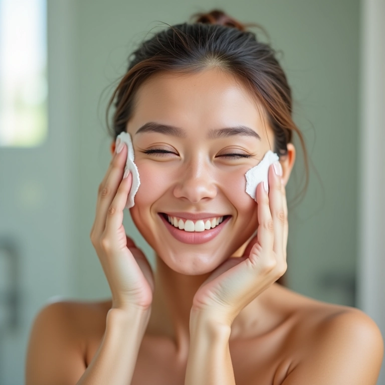 Mulher lavando o rosto com sabonete facial em banheiro vibrante.