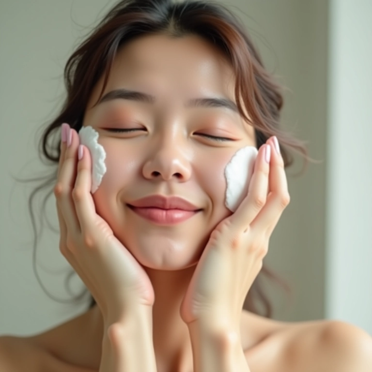 Mulher lavando o rosto com sabonete facial em um banheiro com luz natural.