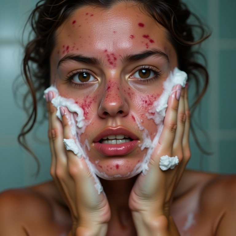 Mulher lavando o rosto com sabonete forte, pele irritada.