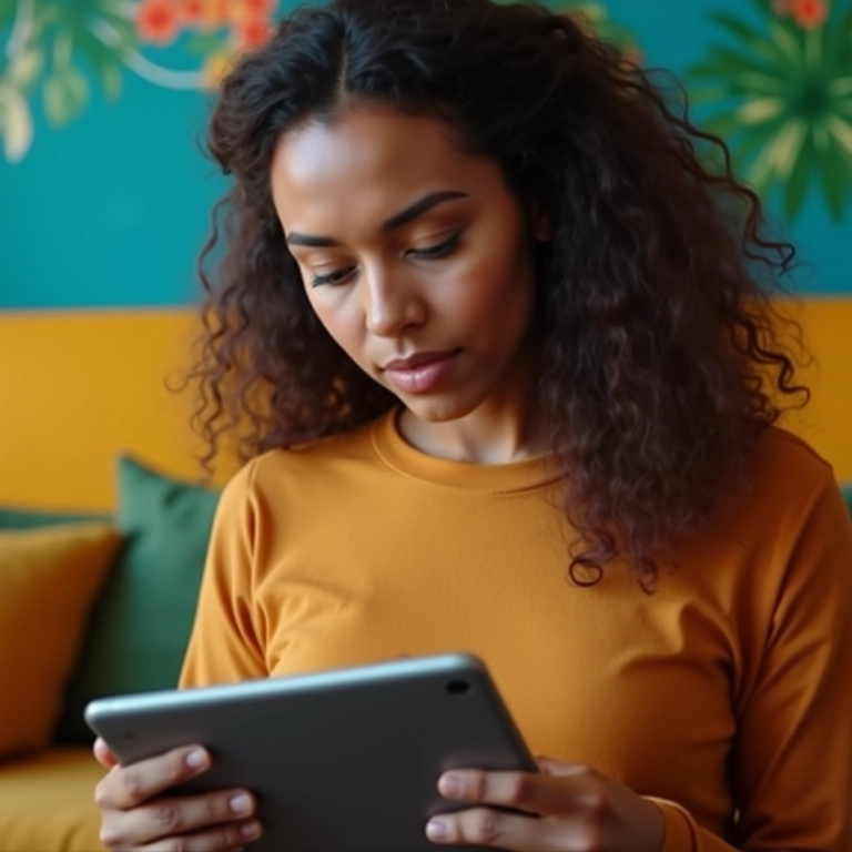 Mulher lendo avaliações, descrições quebrando objeções.