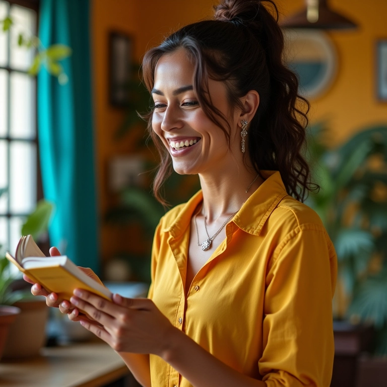 Mulher lendo depoimentos positivos de clientes, prova social.