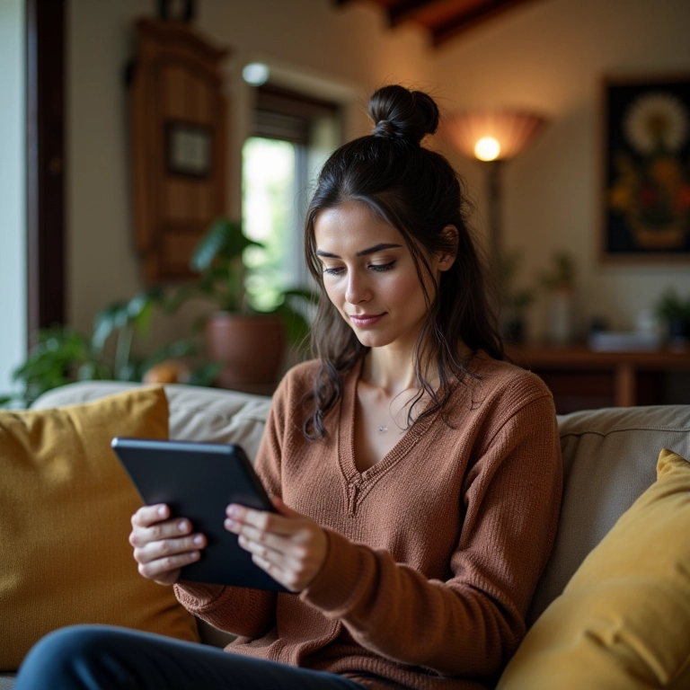 Mulher lendo feedback de clientes em um tablet em uma sala de estar aconchegante.