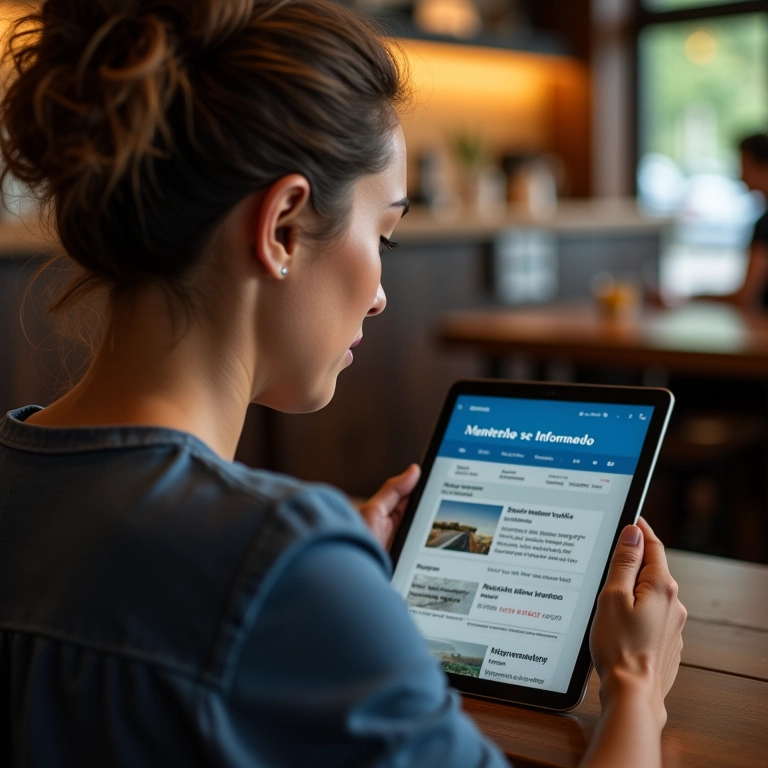 Mulher lendo notícias financeiras em um tablet com a frase 'Mantenha-se Informado' na tela.