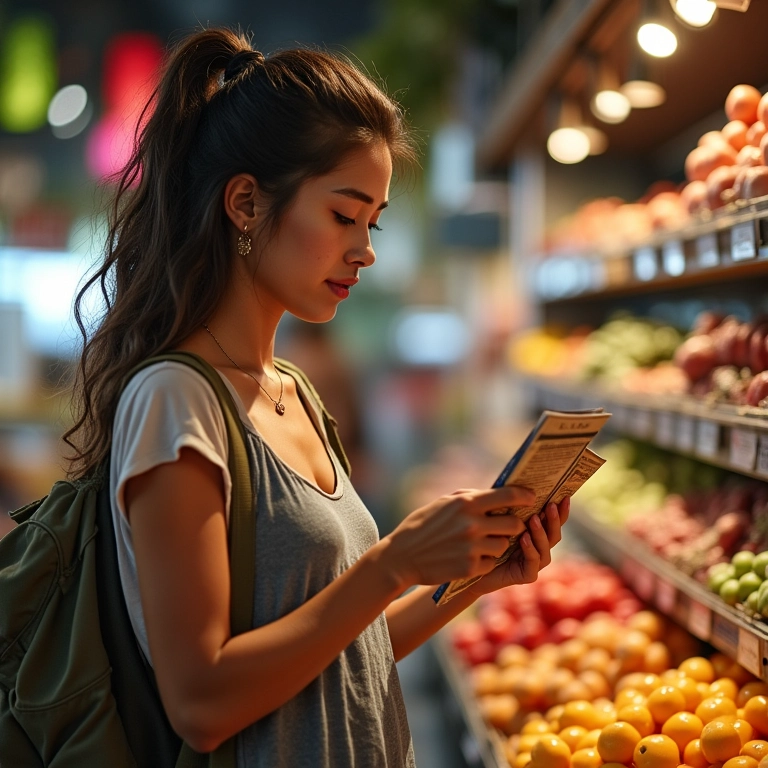 Mulher lendo rótulos de alimentos em busca de glúten.