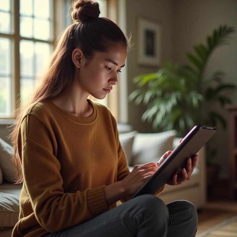 Mulher lendo sobre direito de arrependimento em tablet.