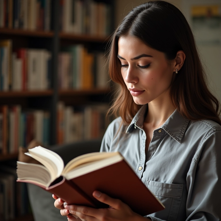 Mulher lendo um livro sobre finanças, investindo em conhecimento.