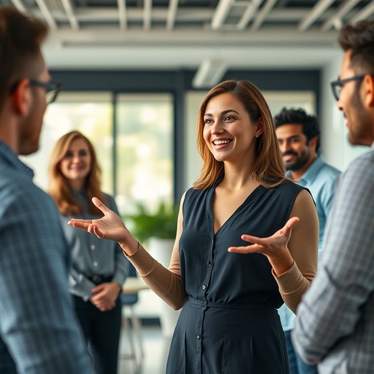 Mulher liderando apresentação em escritório moderno.