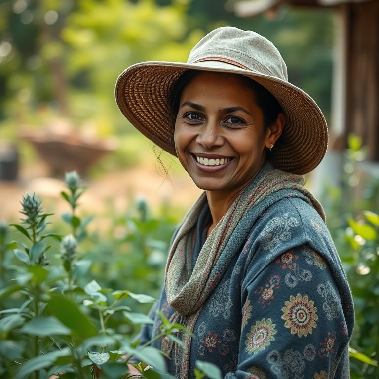 Mulher liderando projeto comunitário com práticas sustentáveis.
