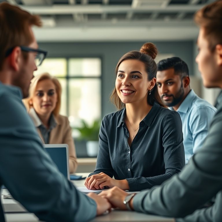 Mulher liderando reunião de startup de tecnologia.