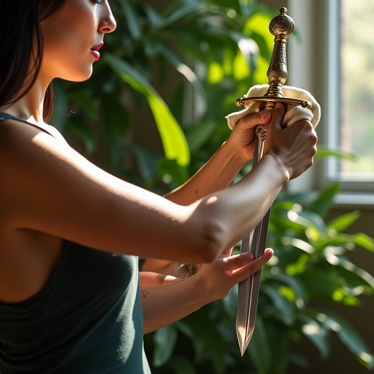 Mulher limpando as folhas de uma Espada de São Jorge com um pano.